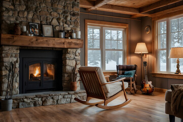 Cozy and stylish interior of the living room, fireplace, armchair, paintings on the wall.