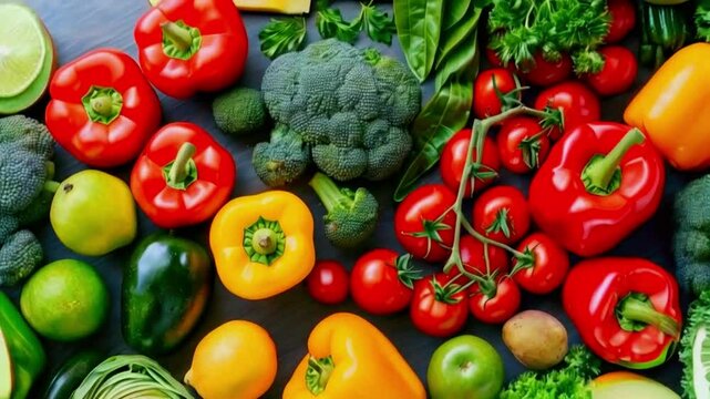 Top view of fresh fruits vegetables meal prepping. ingredients chopped, mixed, plated healthy, balanced meal. A focus colorful nutritious dish, 4k High-Quality background Animation Video