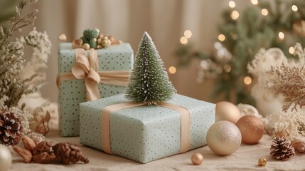 Decoratively wrapped Christmas presents surrounded by festive greenery and ornaments on a table