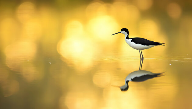 A black-necked stilt gracefully standing in shallow water, mirrored in its reflection - Powered by Adobe