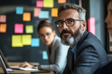 Fototapeta premium Business people having a discussion over a project in an office, Generative AI