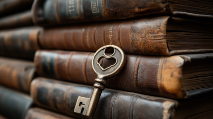 Close-up of an antique key leaning against a stack of old, leather-bound books with embossed spines, suggesting a theme of knowledge and mystery.