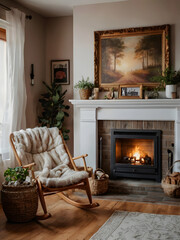 Cozy and stylish interior of the living room, fireplace, armchair, paintings on the wall.