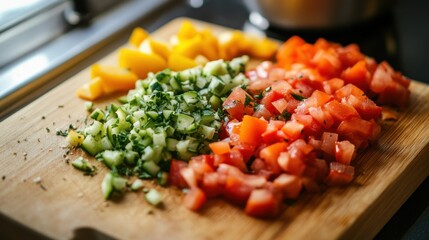 Close-up of a rustic wooden cutting board with freshly chopped vegetables, including bell peppers, tomatoes, and onions. Soft natural light from a kitchen window.