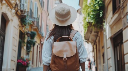 A young woman tourist with a backpack strolling through the streets of Rome, Italy, wearing a wide-brimmed sun hat, enjoying the rich history and culture. Travel and summer vacation concept. Rearview.
