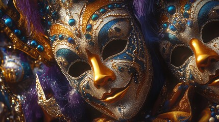 Fototapeta premium Close-up of beautifully adorned masquerade masks, showcasing intricate designs, vibrant colors, and sparkling embellishments.