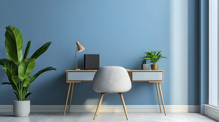 A blue home office studio space with a desk and chair in soft tones, rendered in 3D