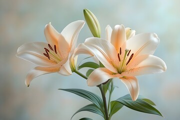 Fototapeta premium Lilies in the morning light: elegance and grace A peaceful depiction of colorful lilies blooming in the soft morning light, creating a serene atmosphere.