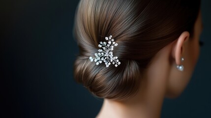 Close-up on the sleek low bun of a beautiful bride, with a sparkling hair comb accenting the style, showcasing a modern and sophisticated wedding look.