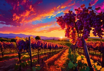 Obraz premium stunning vineyard landscape dusk showcasing vibrant colors lush rows grapes underneath stunning sky, sunset, horizon, fields, nature, agriculture, light