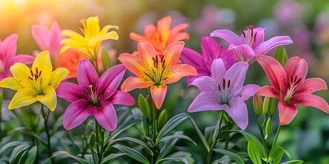 Fototapeta premium Lilies in the morning light: elegance and grace A peaceful depiction of colorful lilies blooming in the soft morning light, creating a serene atmosphere.