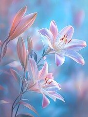 Fototapeta premium Lilies in the morning light: elegance and grace A peaceful depiction of colorful lilies blooming in the soft morning light, creating a serene atmosphere.
