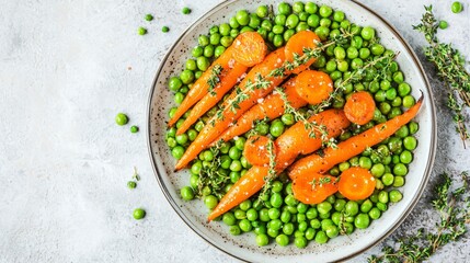 A plate of green peas with roasted carrots and thyme, placed on a light gray background with elegant floral patterns