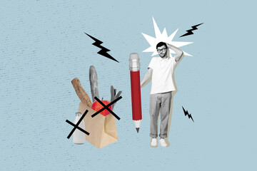 Composite collage picture image of confused young man pencil cross food list supermarket diet...