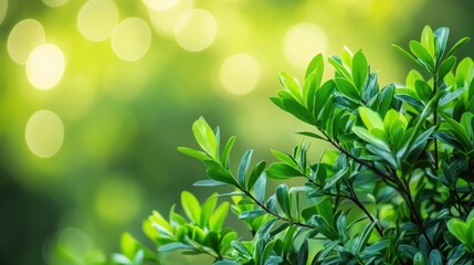 Close-Up of Bright Green Leaves and Branches with Blurred Green Background