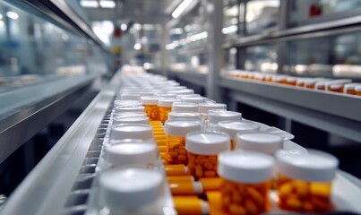 Obraz premium Pills on conveyor belt in pharmaceutical factory.