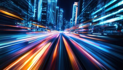 Fototapeta premium Speeding light trails illuminate a futuristic city skyline at night