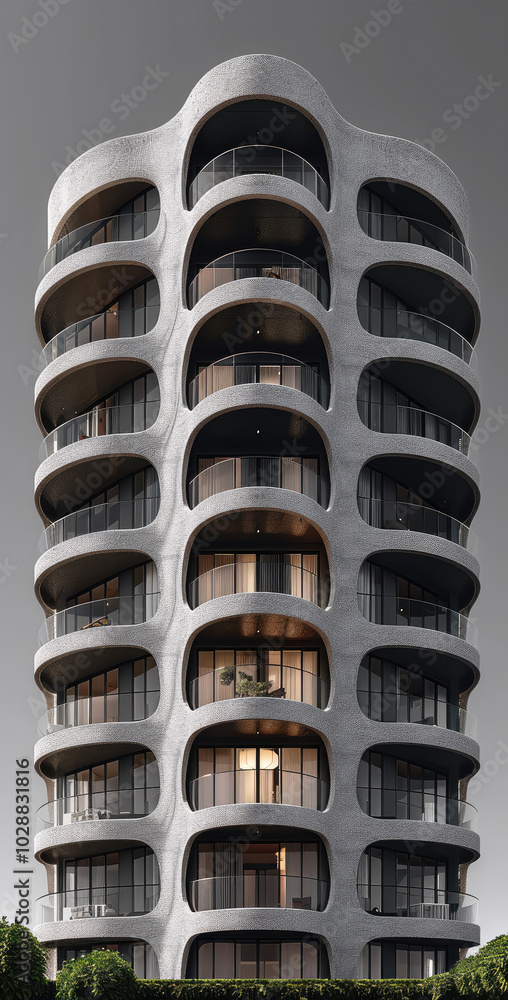 Poster a sleek 8-floor tower. the design features box-like structures on the top floors that create a float