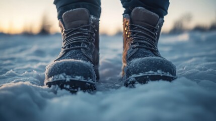 Close-up of a man's sturdy boots sinking slightly into snow-covered ground in a frozen tundra, with small patches of frost and ice crunching underfoot.