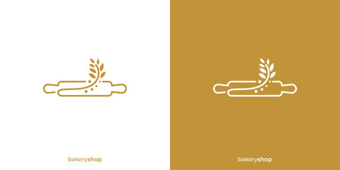 Creative Rolling Pin, Wheat, Bakery Logo Designs with Lineart Outline Style. Bakery Shop Logo, Icon, Symbol, Vector, Design Inspiration.