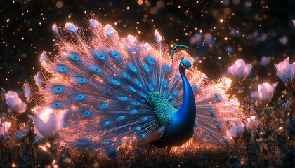 Obraz premium Enchanted garden with a majestic peacock displaying iridescent feathers, bioluminescent flowers and magical particles, ethereal digital masterpiece