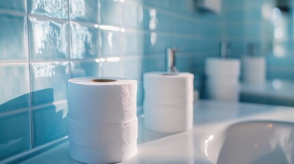 A pile of soft white toilet paper rolls on the washbasin in a bathroom with pale blue mosaic tiles, creating a fresh and clean atmosphere. Close-up shot.