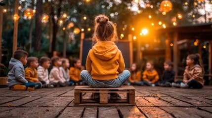 Fototapeta premium A girl sits on a wooden platform in front of a group of children