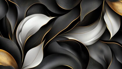 Elegant abstract floral pattern in black, gold, and white for modern decor