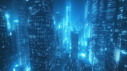 Naklejka premium Blue futuristic cityscape with glowing buildings