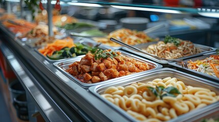 Fototapeta premium A canteen stall of an asian secondary school, close up of the food.