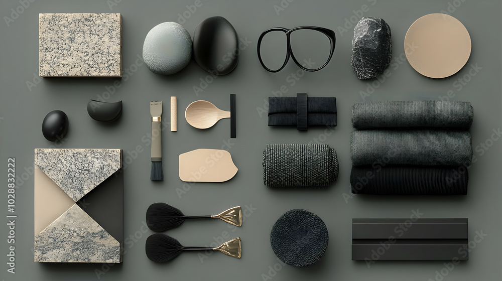 Poster a collection of minimalistic design objects and textures.