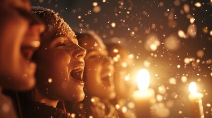 Festive Friends Singing Carols by Candlelight Amidst Snowflakes - Warm Christmas Atmosphere with Ultra-Detailed, Cinematic Light