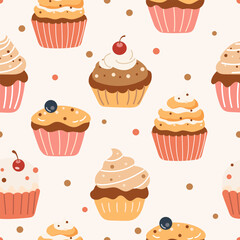 Seamless pattern with cute cupcakes icon  isolated on white background.