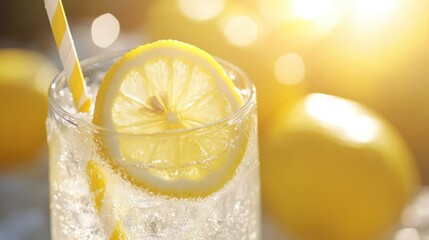 Close-up of a frosted glass of lemonade with a slice of lemon and a striped straw. Soft sunlight reflecting off the ice and glass.