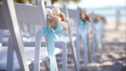 A row of white wooden chairs for a beach wedding, decorated with seashells and soft blue ribbons, perfectly matching the coastal theme of the outdoor ceremony.