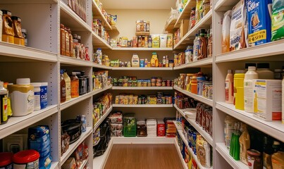 Organized pantry shelves with various food items.