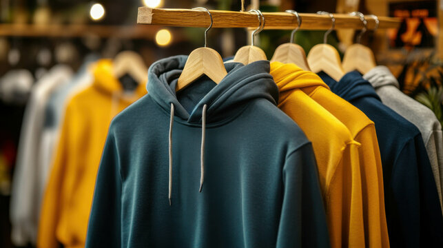 Casual hoodies in classic solid colors displayed on rustic wooden hangers at a local artisan market, close-up with handmade signage and crafted details in the setup.