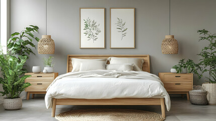 Modern bedroom with natural decor and plants for relaxation.