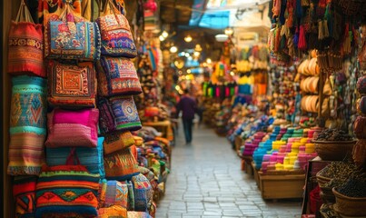 Fototapeta premium Colorful textiles and goods in a bustling market.