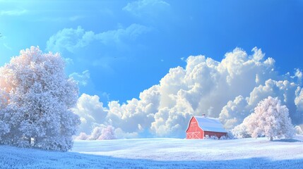 Festive Winter Wonderland: Enchanting Holiday Card Featuring Snowy Red Barn, Fields, and Blue Sky, Ultra-Detailed, Cinematic Light