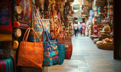 Fototapeta premium Colorful bags and scarves in a market stall.