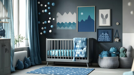 Cozy nursery with blue tones and playful decor for infants.