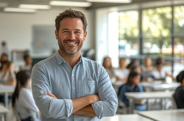 Obraz premium Smiling teacher in a classroom with engaged students during a sunny daytime lesson