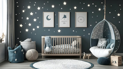 Cozy nursery with starry decor and calming colors for infants.