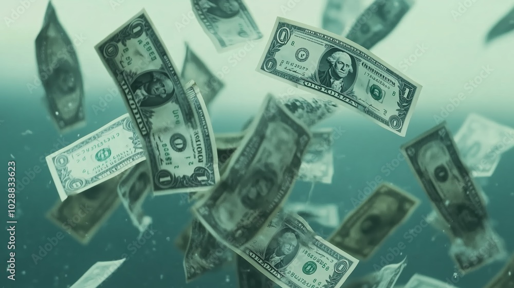 Poster bills floating in underwater currents create a dynamic scene of currency's interaction with water an