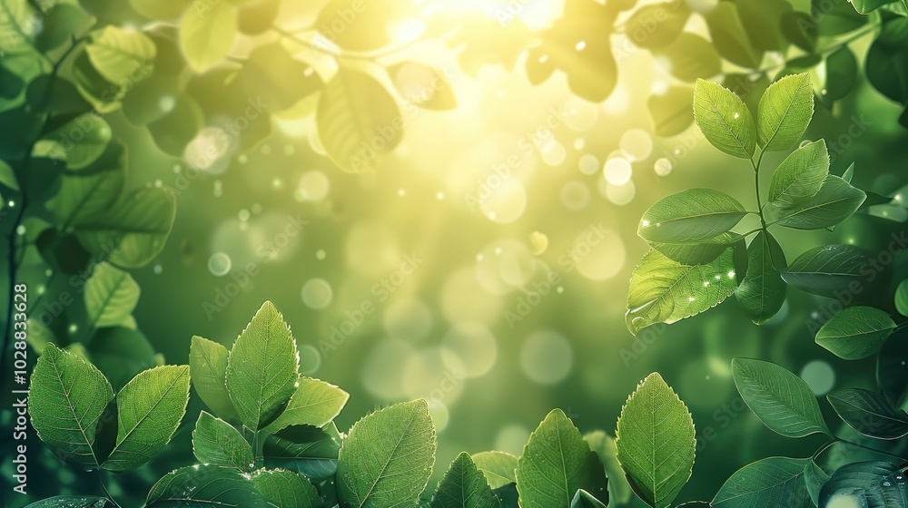 Poster spring background with green leaves and sun rays, with copy space. green spring nature with sunlight