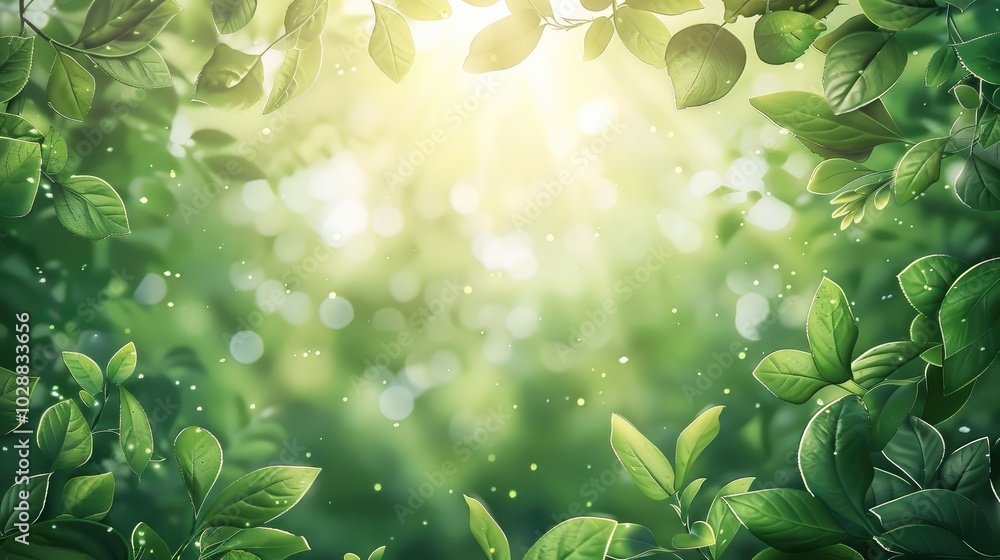 Poster spring background with green leaves and sun rays, with copy space. green spring nature with sunlight