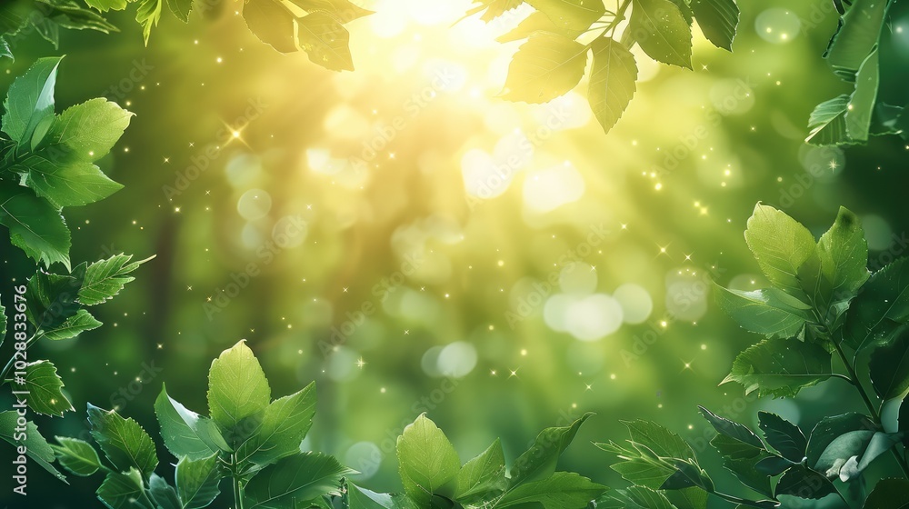 Poster spring background with green leaves and sun rays, with copy space. green spring nature with sunlight