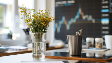 modern workspace featuring glass vase with yellow flowers, metal pen holder, and background chart showing significant rise in stock market trends. atmosphere is bright and inspiring