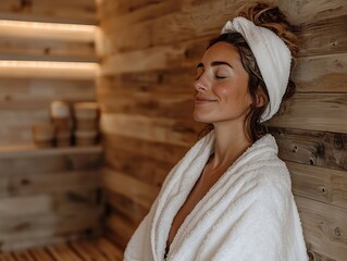 smiling woman sitting in spa sauna in white terry robe